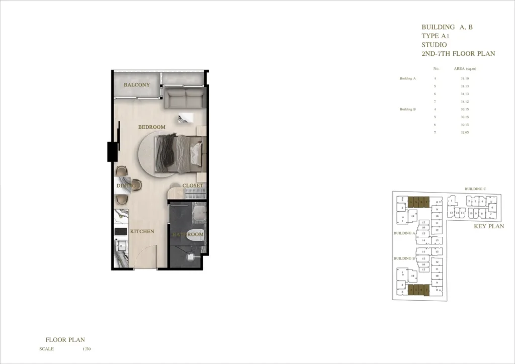 Spacious two-bedroom with side sea view 58.36 sq.m. in