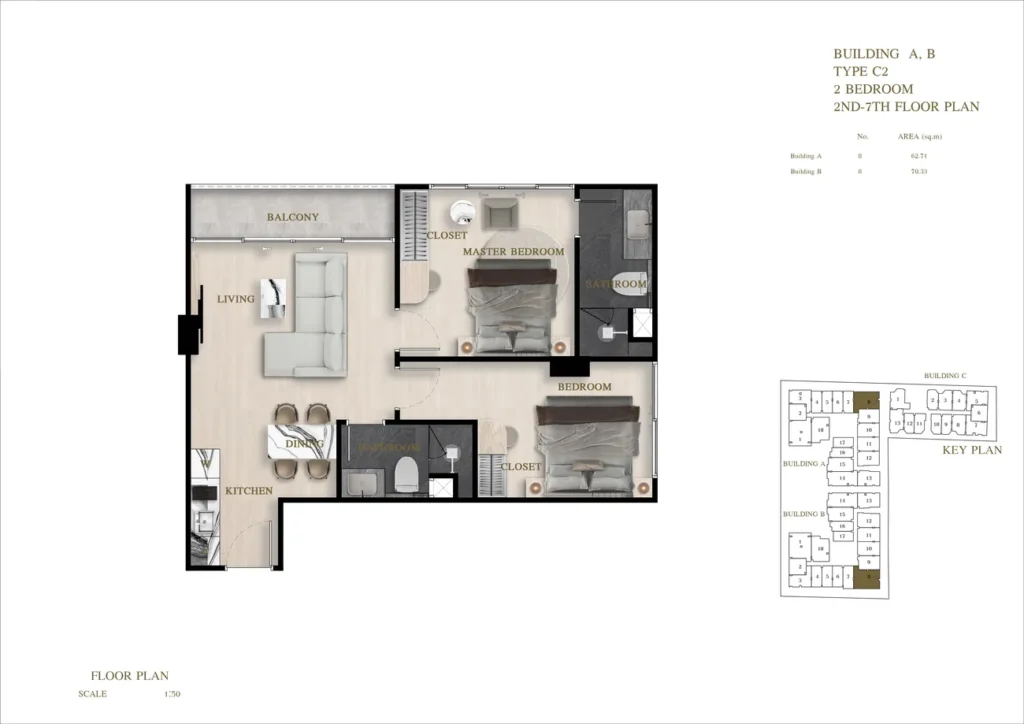 Extended two-bedroom with side view 62.71 sq.m. in