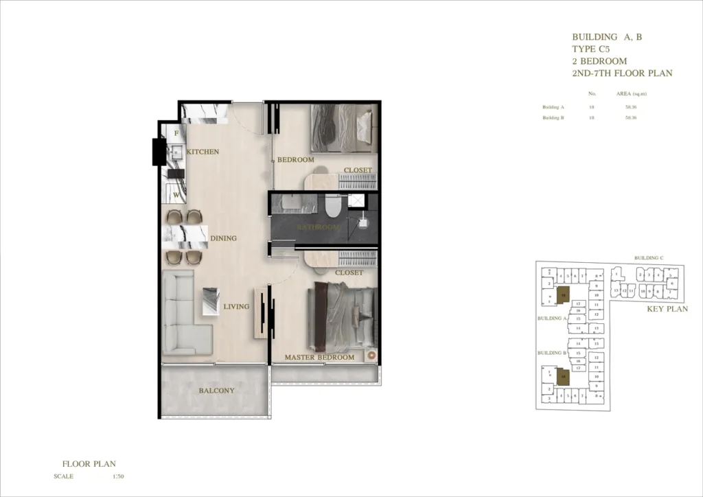 Spacious two-bedroom with side sea view 58.36 sq.m. in