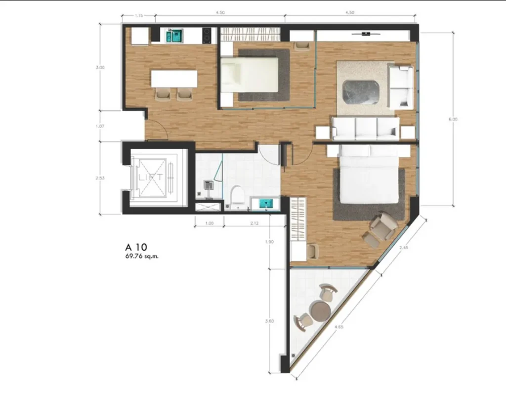 Bright two-bedroom with isolated rooms 69.76 sq.m. in