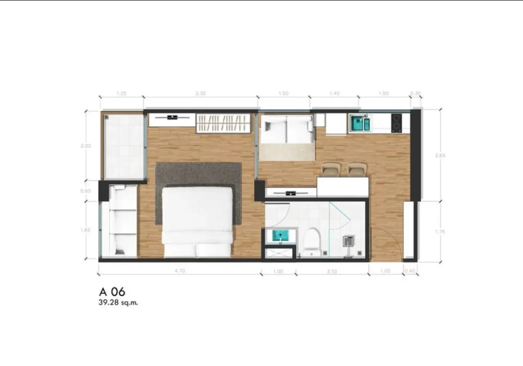 Modern studio apartment of 39.28 sq.m. in