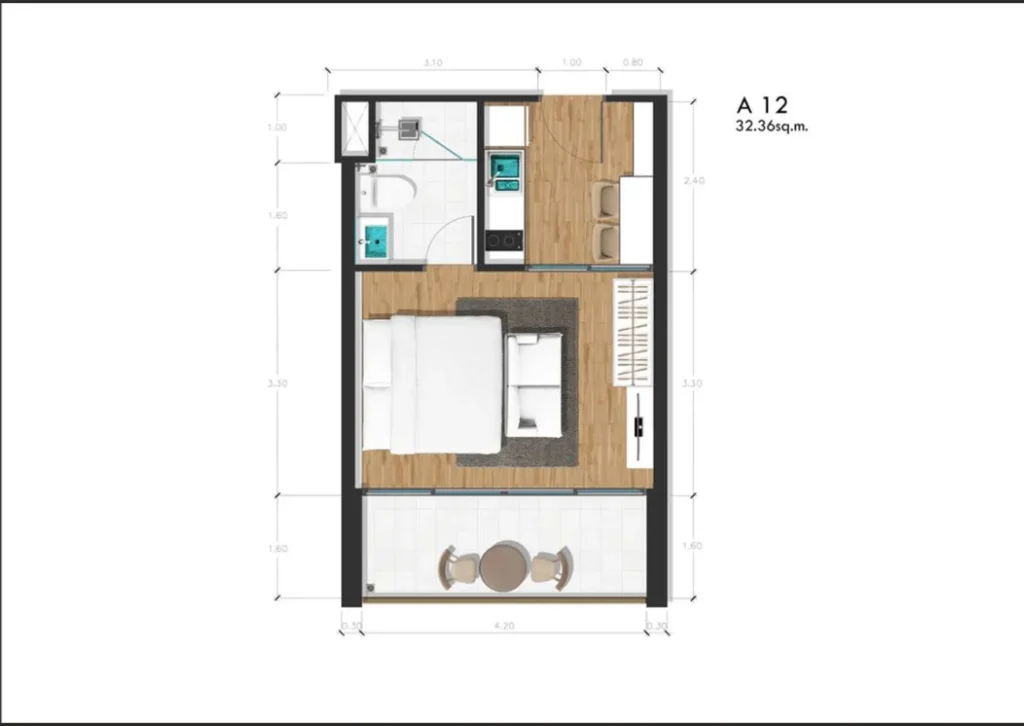 Modern studio apartment of 32.36 sq. m. in