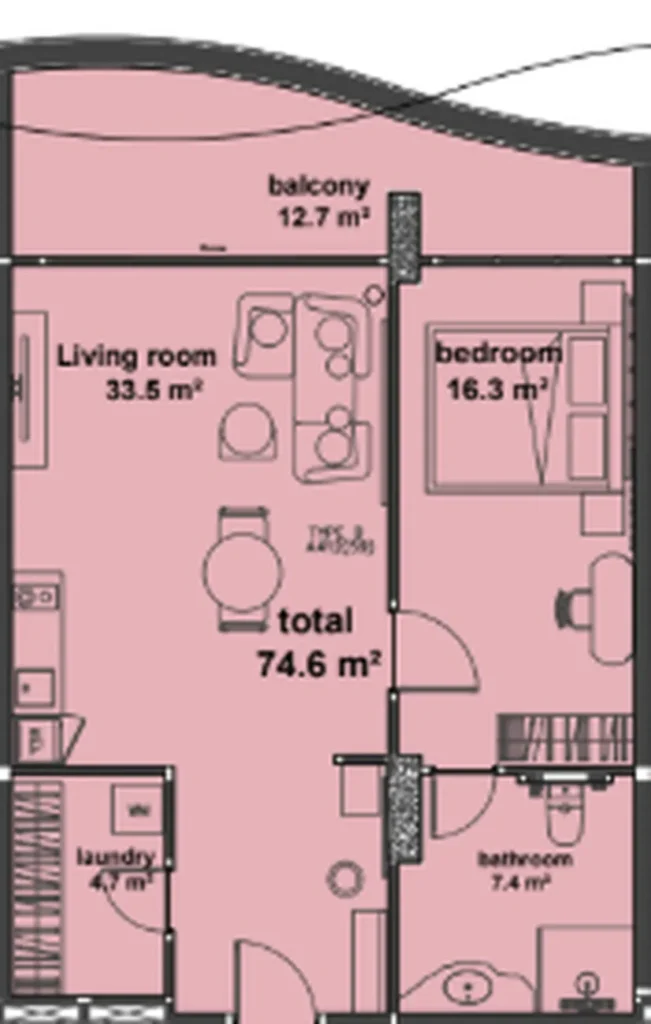 Светлая 1-спальная квартира 74.60 м² в