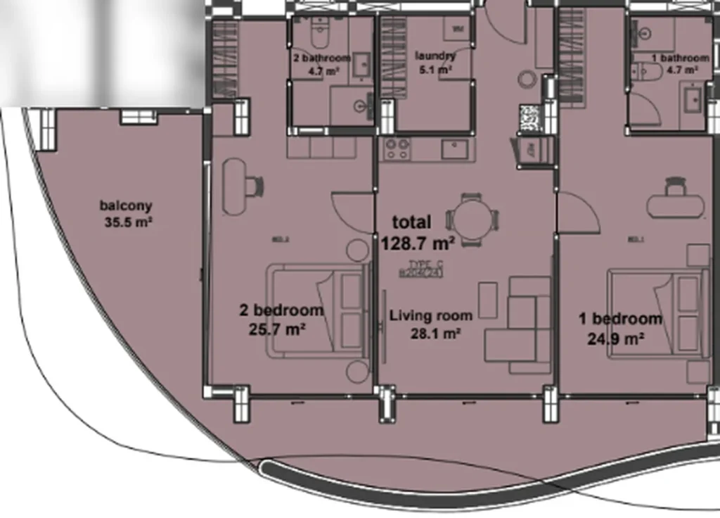 Laconic one bedroom apartment of 128.70 sq.m. in