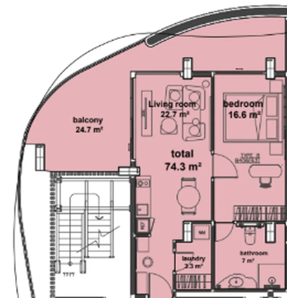 One bedroom with spacious living room 74.30 sq.m. in