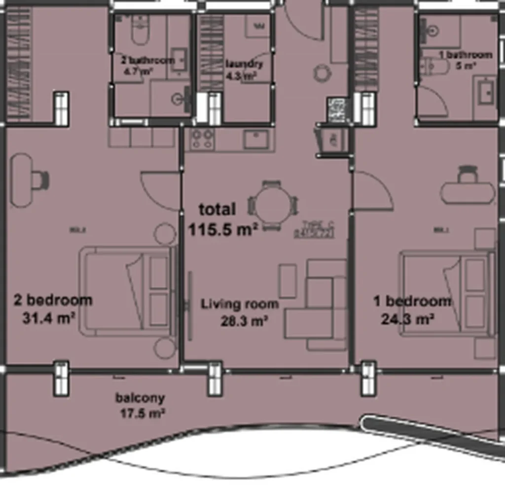 One bedroom with spacious living room 74.30 sq.m. in