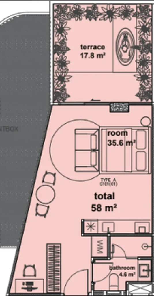 Студия с отдельной кухней и террасой 58 м² в
