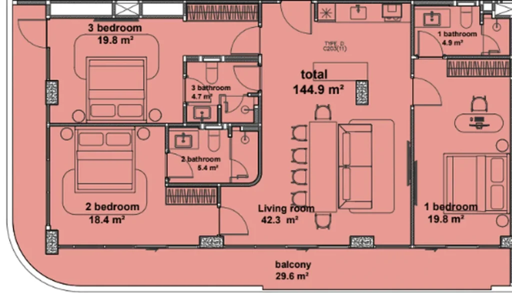 Modern spacious 3-room apartment 144.9 sq.m. in