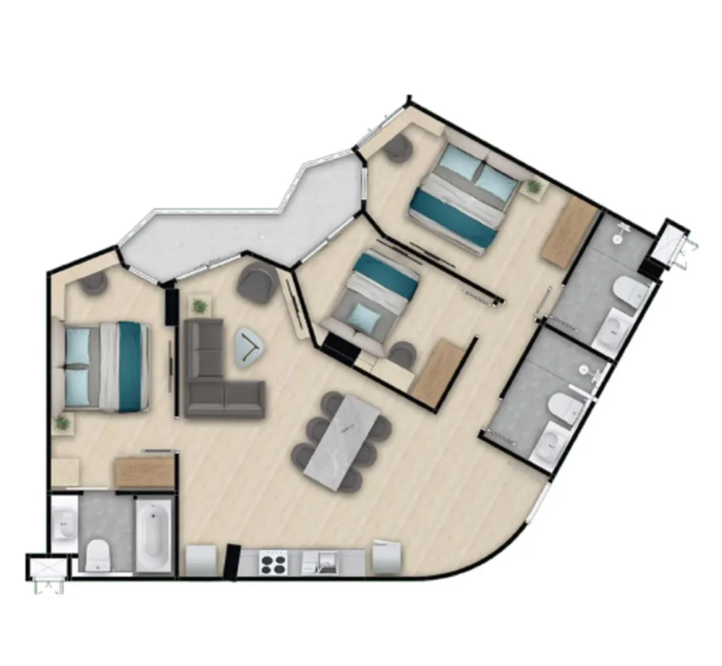 Семейная трёшка с тремя санузлами 96.07 м² в