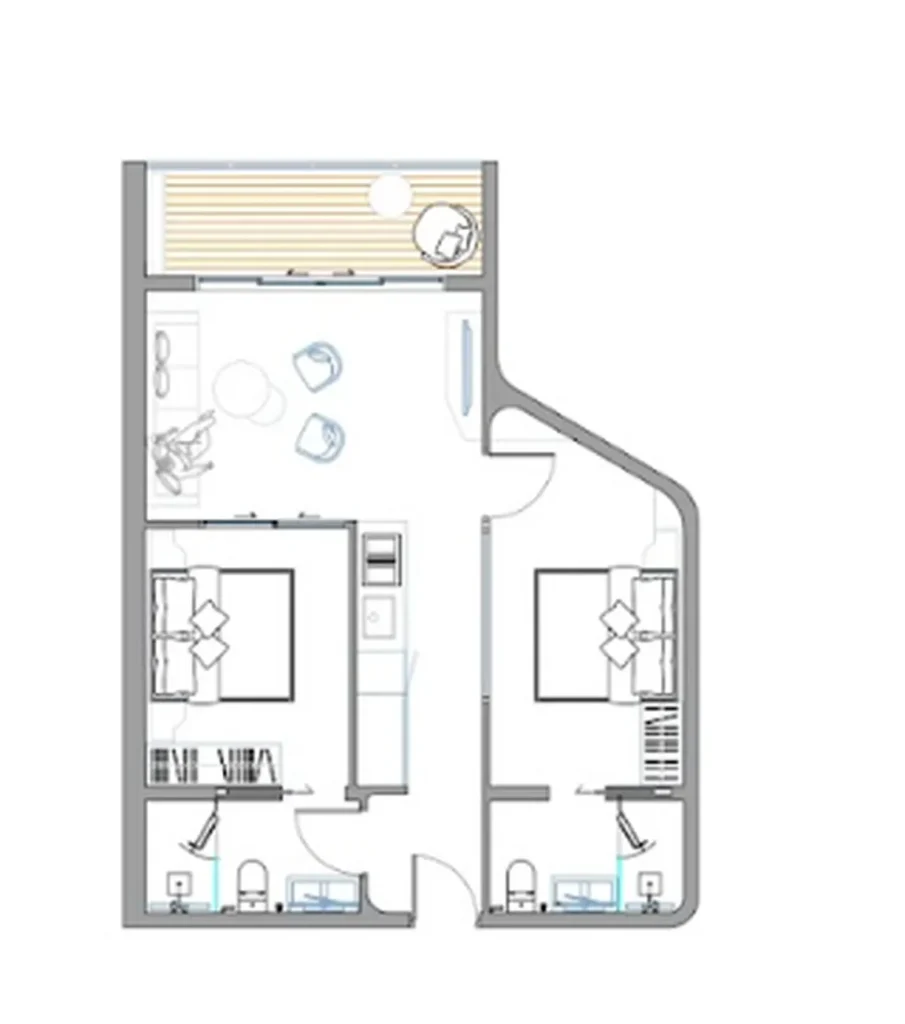 Продуманная двухкомнатная квартира 72.88 м² в