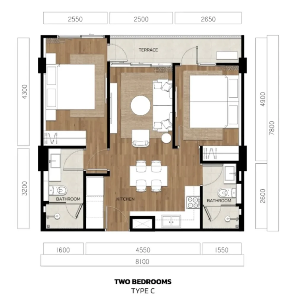 Panoramic two-bedroom with pool view 59.80 sq.m. in