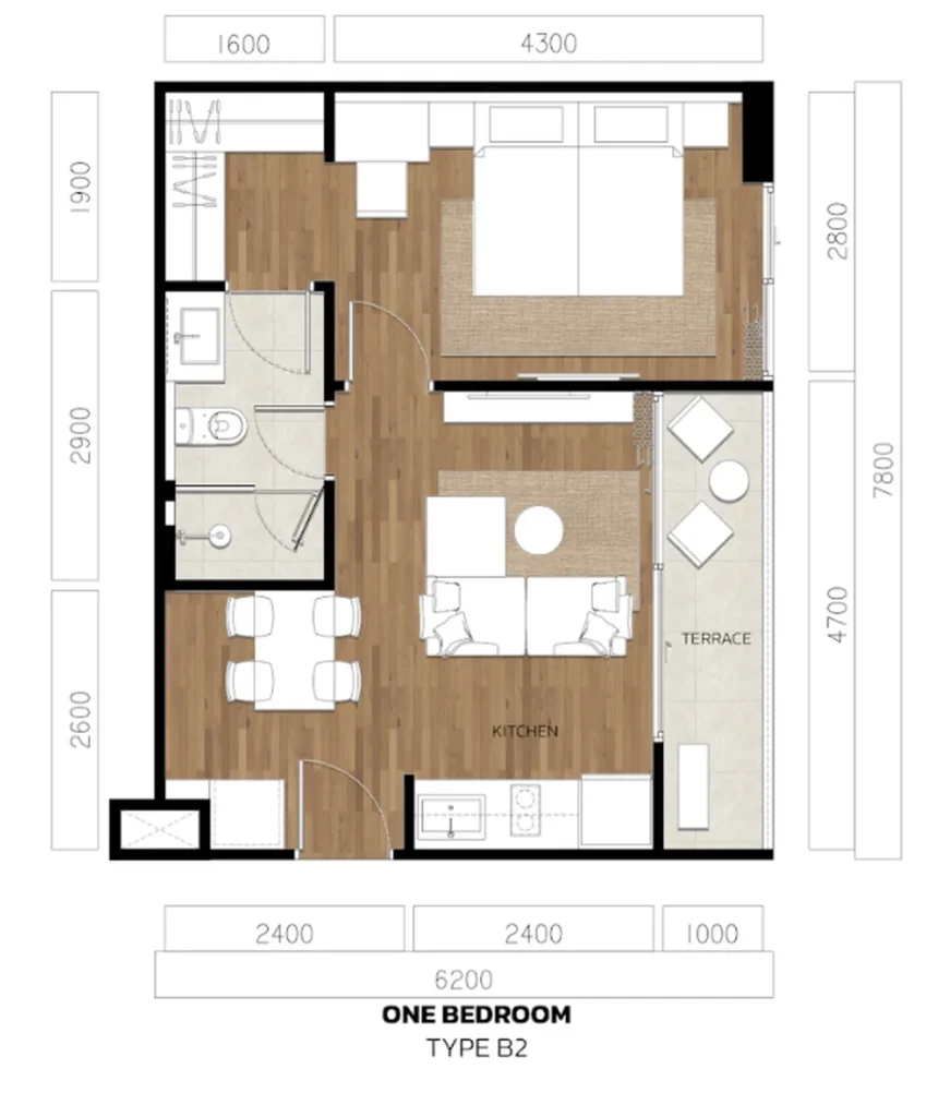 Panoramic two-bedroom with mountain view 44.78 sq.m. in