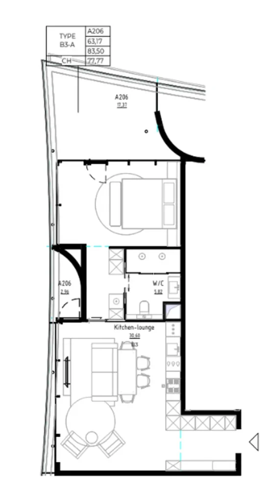 Bright one-bedroom with panoramic balcony 83.50 sq.m. in