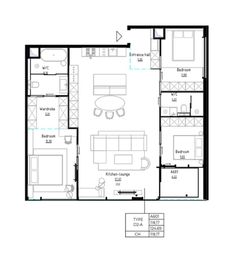 Panoramic three bedroom 124.86 sq.m. in