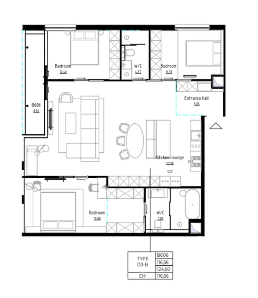 Family two bedroom apartment 124.71 sq.m. in
