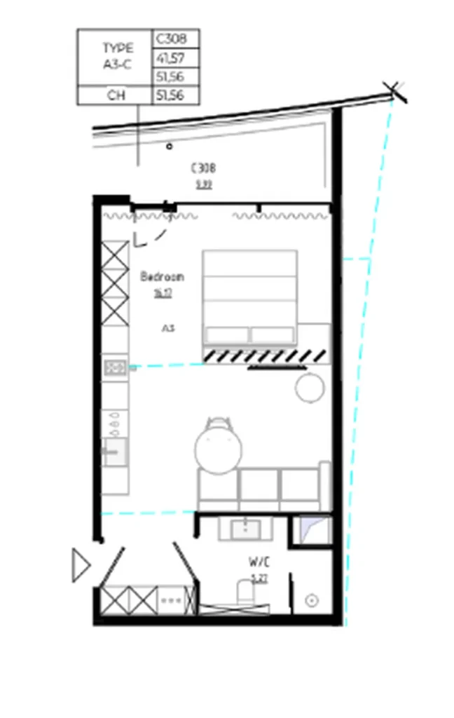Bright studio with spacious balcony 51.56 sq.m. in