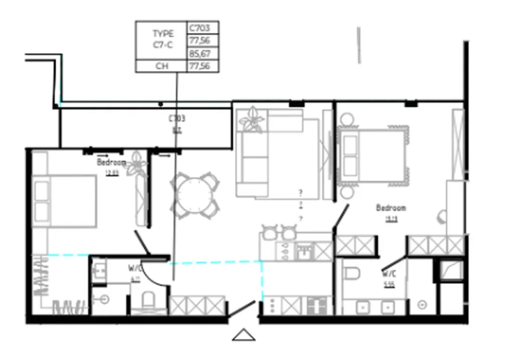 Просторная 2-комнатная квартира 85.67 м² в
