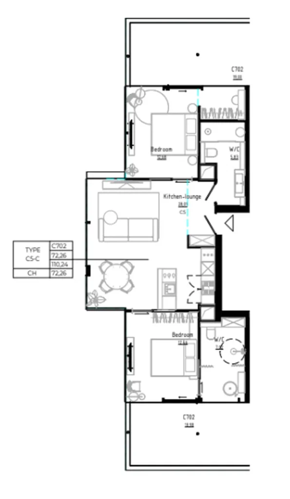 One bedroom apartment with terrace of 110.24 sq.m. in