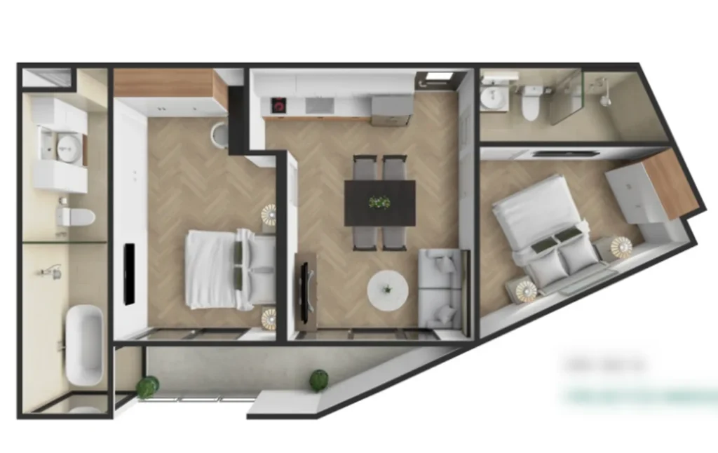 Compact two-bedroom for a family of 58.60 sq. m. in