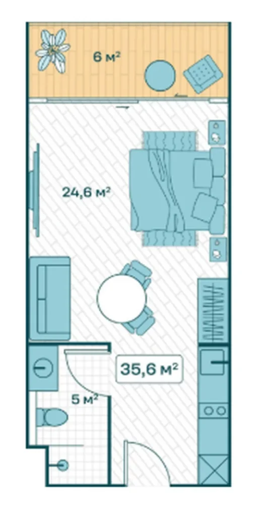 Тихая студия с видом на сад 30 м² в