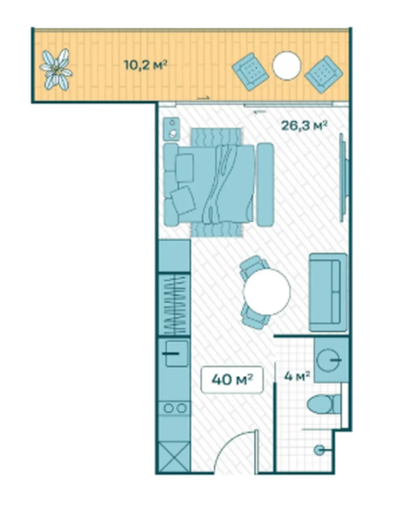 Светлая студия с большим балконом 40 м² в