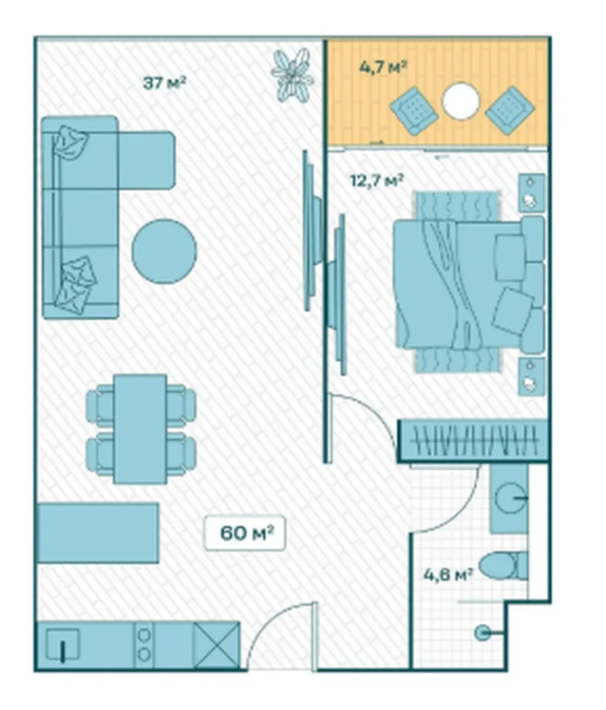 Семейная квартира с огромной гостиной 60 м² в
