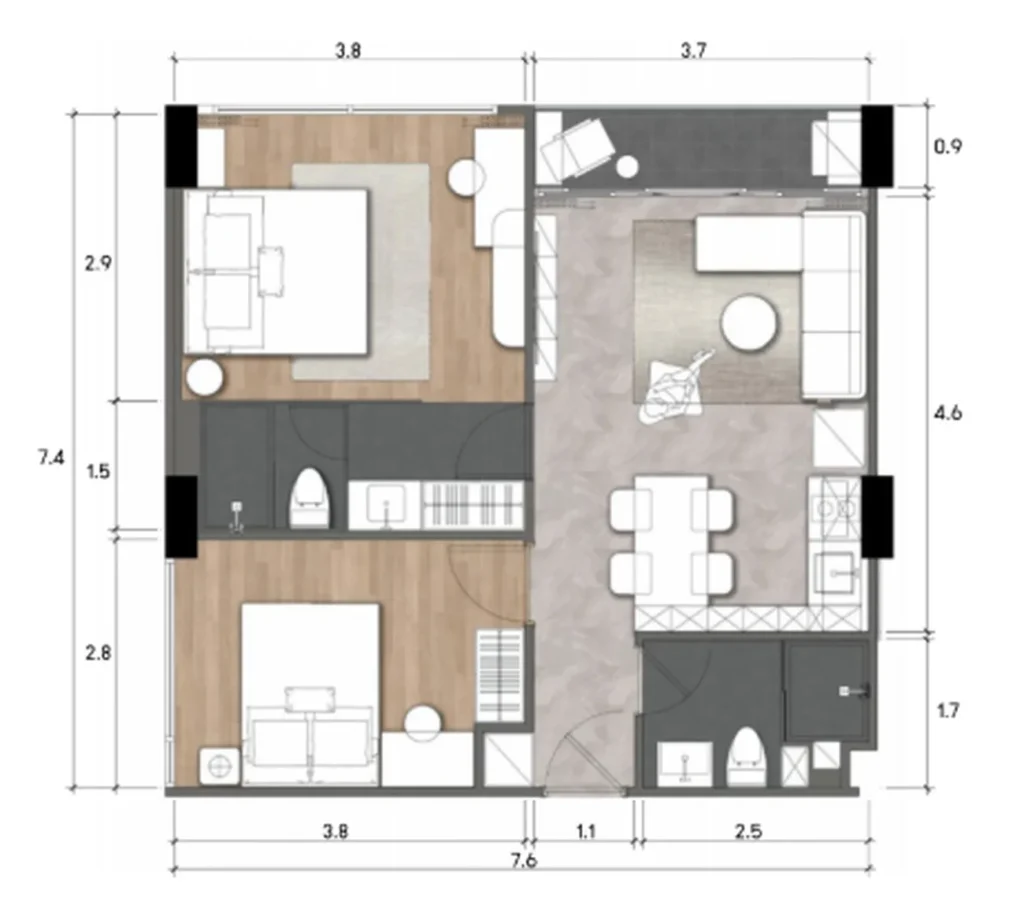Cozy two-bedroom with a spacious balcony 56 sq. m. in